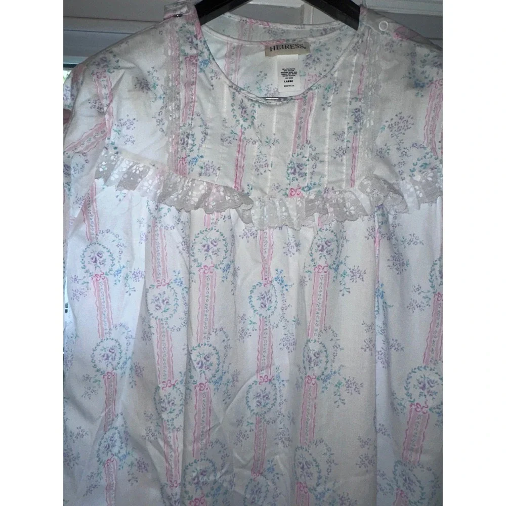 Heiress Vintage Floral Ribbon Stripe Nightgown White Pink Large Made in‎ USA NWT